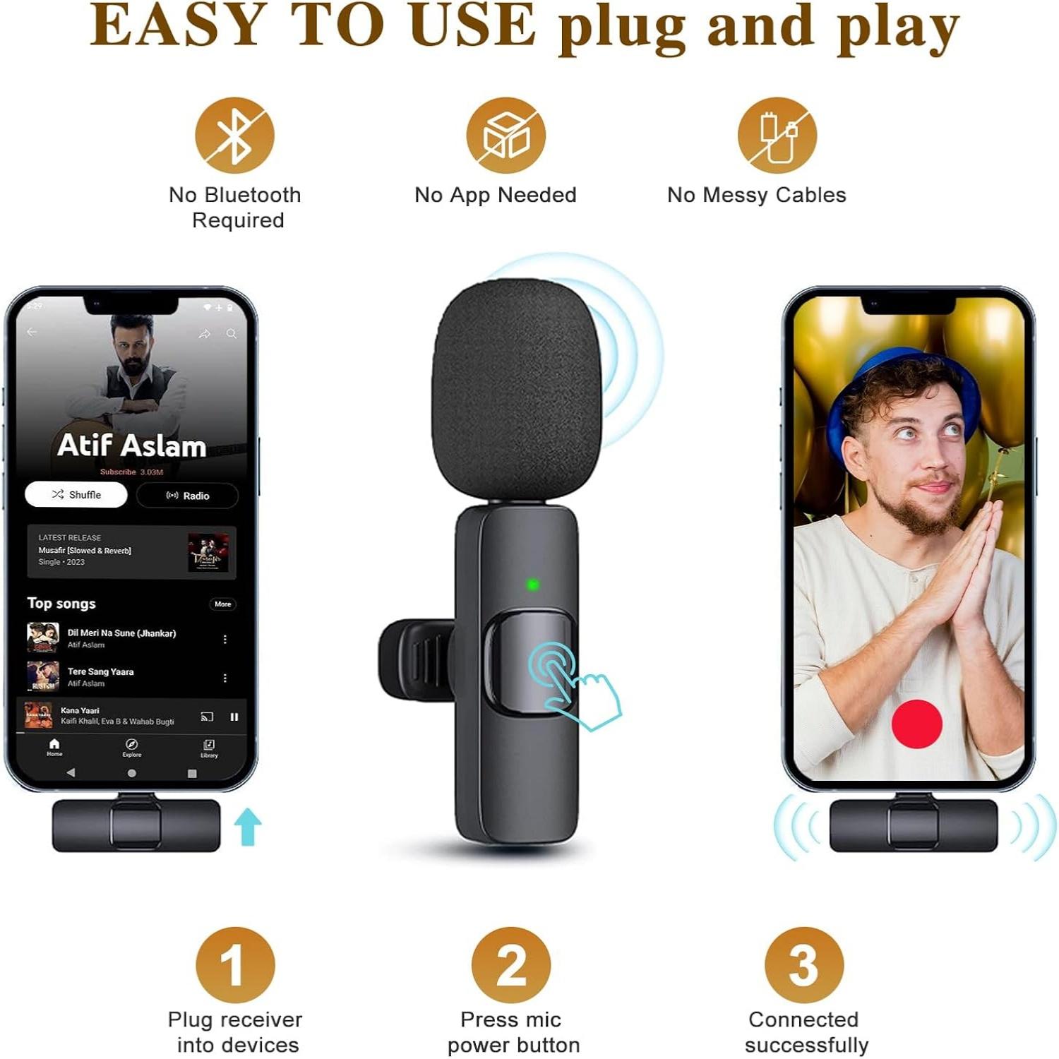 Wireless Mini Microphone for iPhone & Android Professional Lavalier Omnidirectional Clip Mic USB-C Rechargeable 65FT Transmission Noise Reduction Plug-Play for Interview Video Podcast Vlog YouTube Multi-Purpose  microphone Clip-on Microphones interview po
