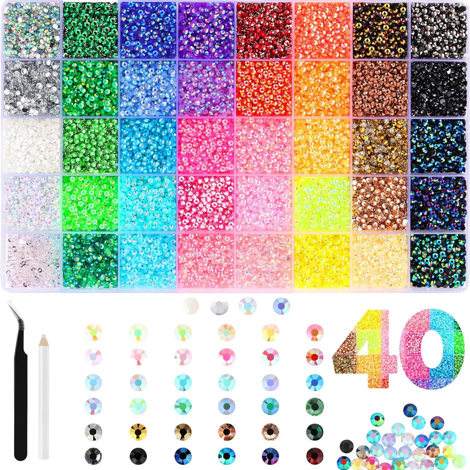 32000Pcs 3mm Flatback Rhinestones Kit with Tools, Multicolor Crystal Sequins Beads Shimmer Gems Bedazzling Set, Beauty Products Rhinestone Nail Art Accessories for Beginners and Experienced Crafters, Tumblers Shoes Clothing DIY Art
