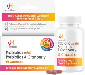 vH Essentials Probiotics with Prebiotics Cranberry & Vitamin C 60 Capsules for Women's Gut Balance Feminine Health & Urinary Tract Support