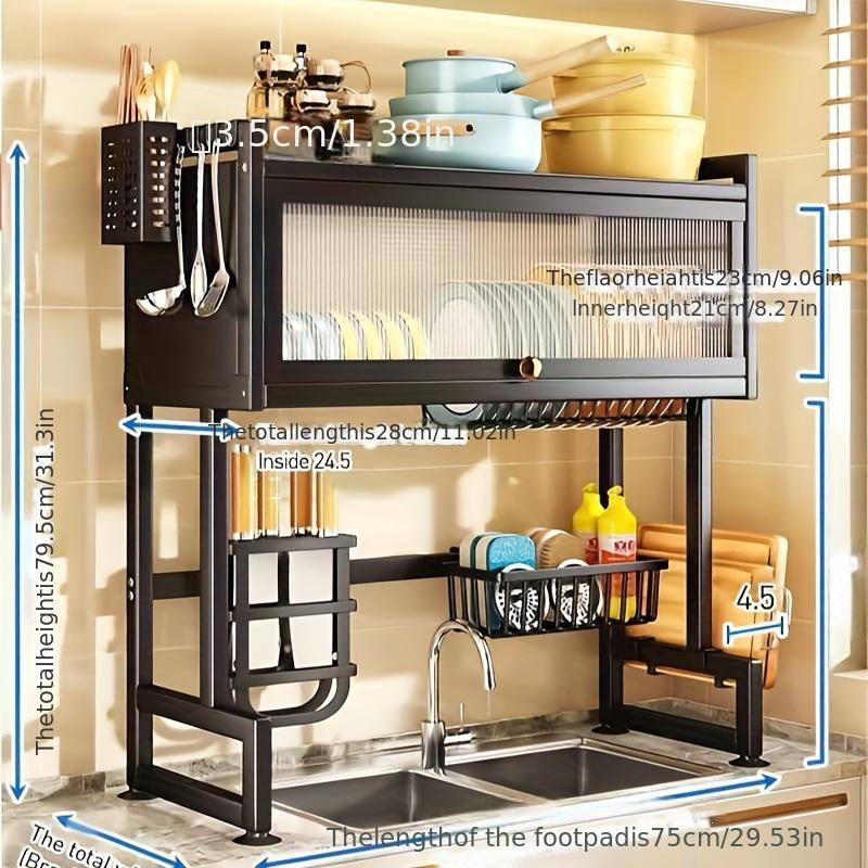 Multi-Functional Kitchen Storage Rack with Cabinet Door Access - Black Metal Countertop Organizer for Dishes, Utensils, and Cookware with Drain Tray, Towel Holder, and Spice Shelf, Sink Storage Solution Functional Kitchen Accessory