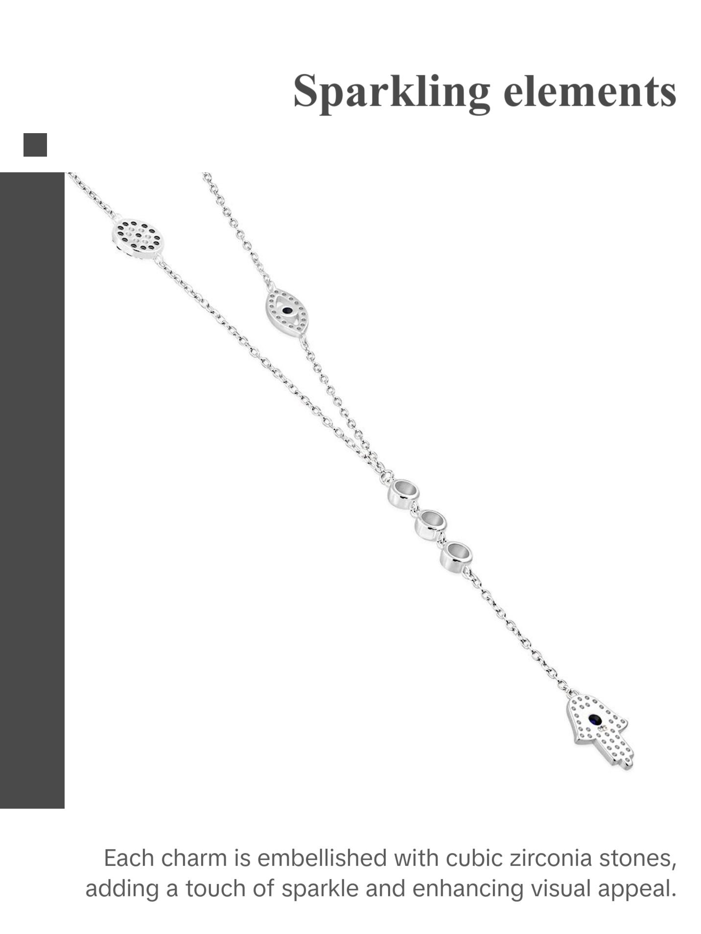 My Daily Styles 925 Sterling Silver CZ Layered Y Necklace with Hamsa, Evil Eye, and Round Eye Charms - Adjustable Chain