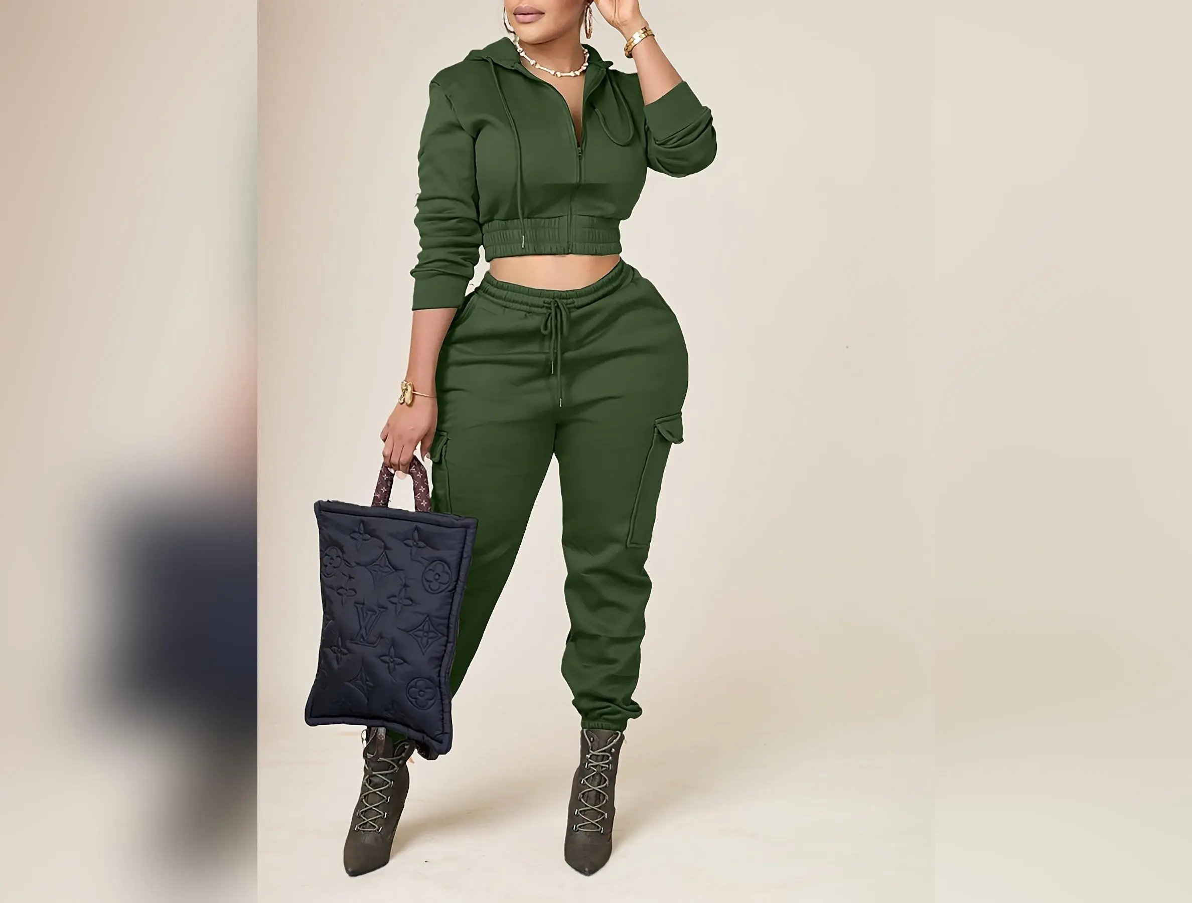 1set Clurpe Plus Size Women'S Casual Two-Piece Set, Polyester Fleece Jogger Pants with Hooded Top, Solid Color, Casual Sports Suit with Drawstring Waist and Kangaroo Pockets