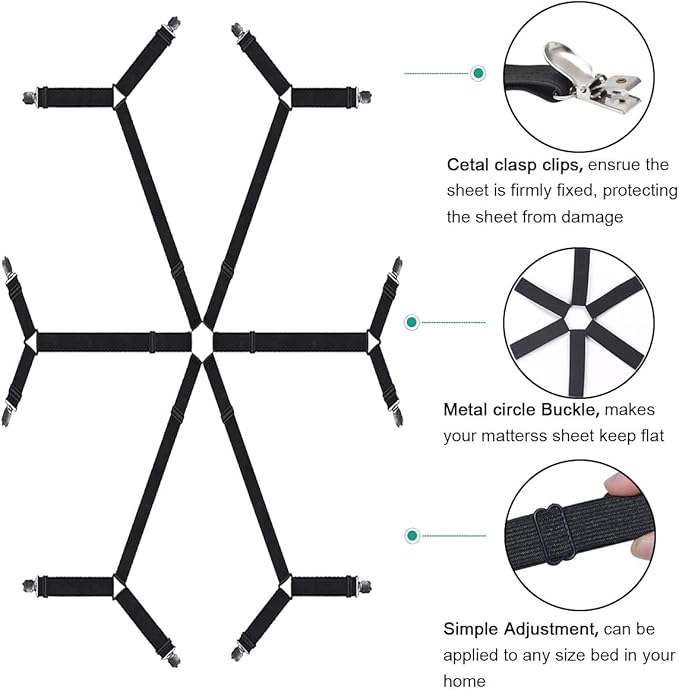 Sheet Fasteners, Adjustable Elastic Bed Sheet Holder Straps for Full,Queen,King Twin Bed,6 Way Cross Sheet Clips Suspenders Band,Fitted Round and Square Mattresses