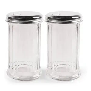 12 Ounce Sugar Container for Coffee Bar, Glass Sugar Dispenser with Pour Spout and Stainless Steel Flip Lid, Durable, Classic Style Jar for Kitchen or Cafe, Suitable for Cinnamon, Seasoning Storage(2Pcs）