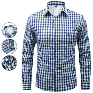 Menswear Long Sleeve Button-Up Shirt - Navy Gingham, Abstract Graffiti Design, Bold Casual Tops for Everyday Wear