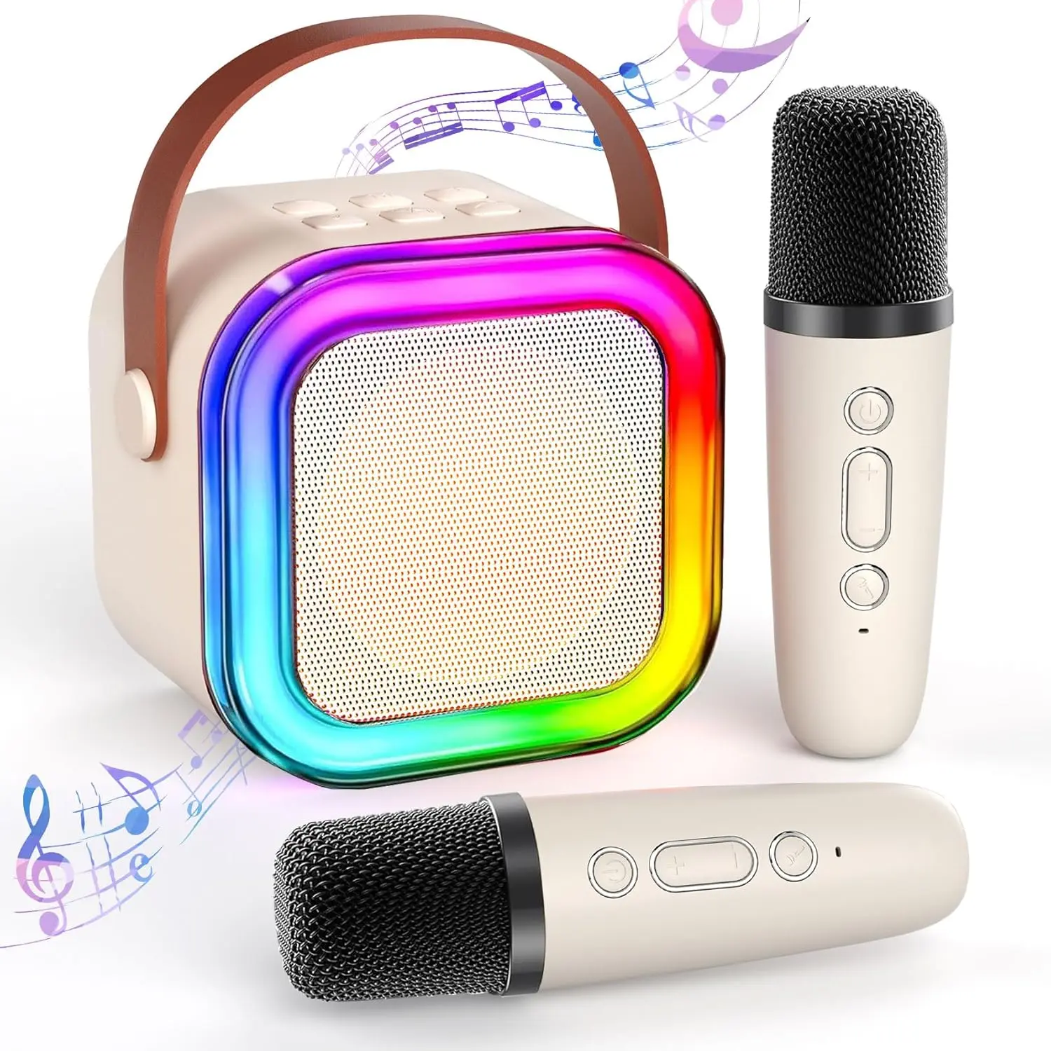 Aesthetic Beige Compact Desktop Bluetooth Speaker - Mini Karaoke Machine with 2 Wireless Mics, LED Light, USB Charging, High-Fidelity Audio, Real-Time Atmospheric Visual Feedback - Portable PC/Office Desk Audio for Office Breaks, Smartphone Compatible, Le
