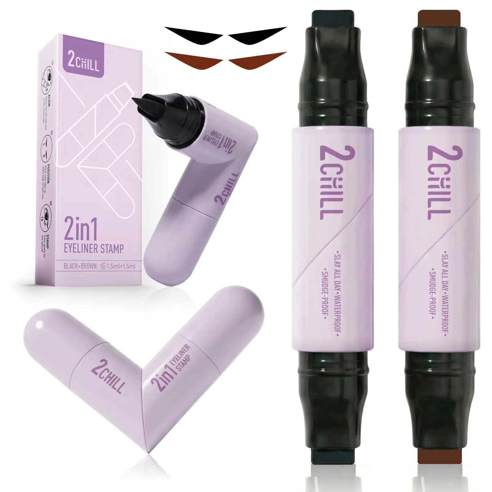2CHILL 2-Pack Rotating Winged Eyeliner Stamp Pen, Waterproof and Sweatproof, Quick-Drying, Long-Lasting, Matte Finish, Easy Eye Makeup for Beginners, Cosmetics (Black + Brown)