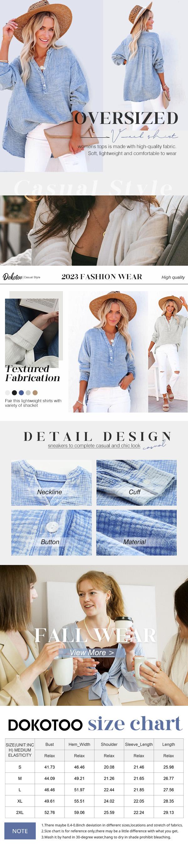 Dokotoo Women's Casual Button V Neck Long Sleeve Shirts Oversized Solid Blouses Tops 100% Cotton Boyfriend Style Loose Fit