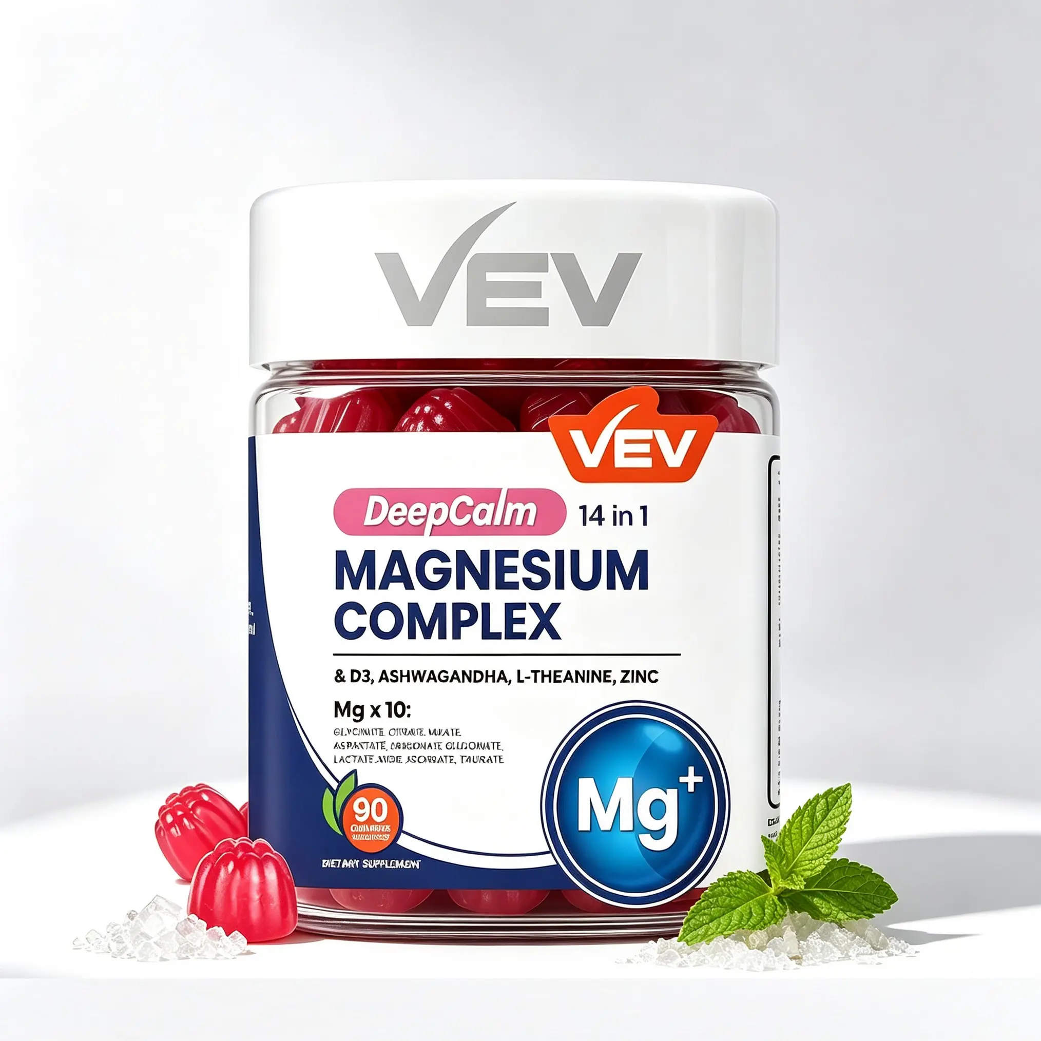 VEV DeepCalm 14-in-1 Magnesium Glycinate Complex Gummies, Stress Sleep & Muscle Support with Ashwagandha L-Theanine D3 Zinc, Cortisol Supplement, Sugar Free Vegan High Absorption Magnesium, 90 Count