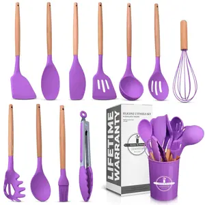 12 Pcs Purple Kitchen Utensils Set with Holder – Versatile Silicone Utensils Set for Cooking and Baking, Gentle on Pots and Pans, Heat-Resistant, Stylish, Easy to Clean, Purple Kitchen Accessories V TOWER