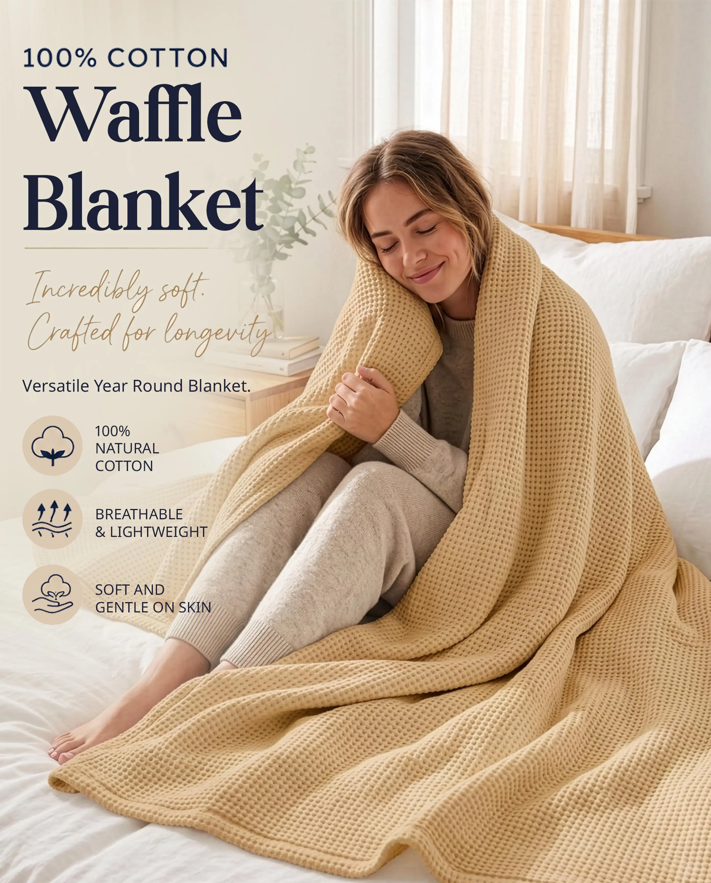 LANE LINEN Natural Cotton Blanket Throw - 300 GSM, Solid Airy Waffle Construction, Soft Cozy Soft Touch Breathable Lightweight Durable Fabric, Bed Sofa Blanket, Modern Home Accessory