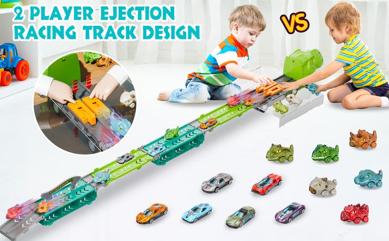 Durable Garage Multifunction Dinosaur/Princess/Unicorn Truck Toys for 2-7 Year Boys & Toddlers Foldable Track 2 Player Race Mode Light Sound Transport Carrier with 6 Dino Cars 12 Accessories Birthday Christmas Gift Idea for Kids Girls