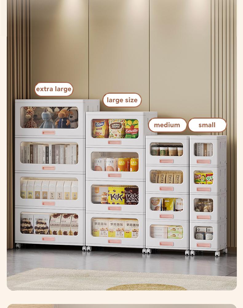 MiAoLi  4Tier Stackable Plastic Storage Cabinet System - Large-Capacity Storage Boxes with Doors and Casters, Space-Saving Folding Home Organization Solution for Bedrooms, Living Rooms, and Kitchens, Easy Assembly