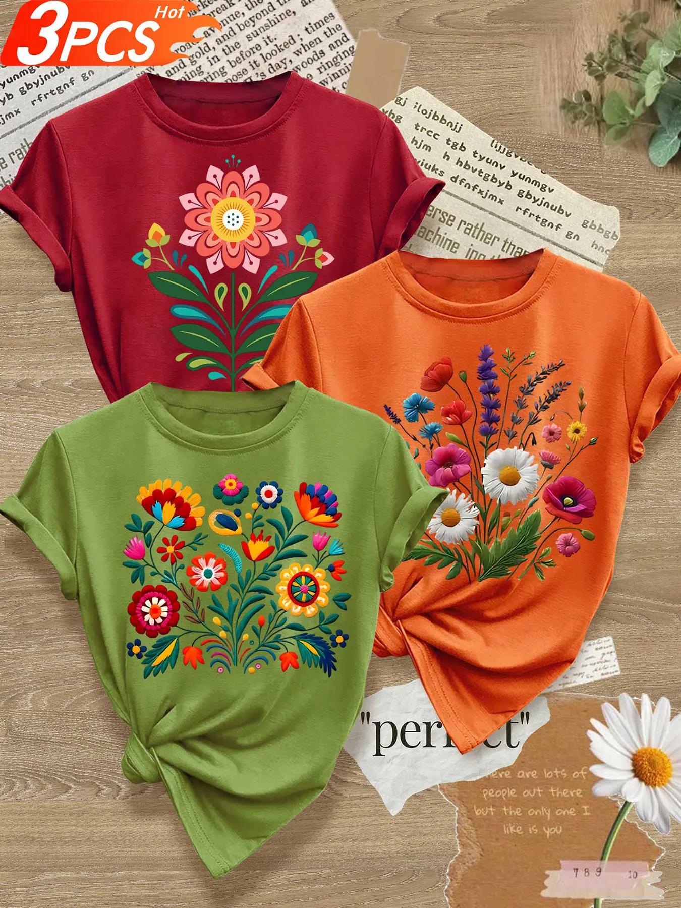 Women's 3-Pack Crew Neck T-Shirts, Mexican Floral, Ethnic Floral & Hand-Painted Floral Print, Multiple Colors Available, Machine Washable, Spring & Summer Top, Soft Skin-Friendly Fabric, Casual, Daily Versatile, Fashion Design