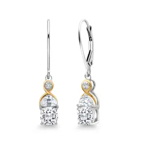Gem Stone King Two-Tone 5MM Cushion Gemstone Birthstone Half Moon White Moissanite Dangle Earrings for Women | 925 Silver and 10K Yellow Gold | 1.2 Inch Drop | Fine Jewelry for Her Mom Wife