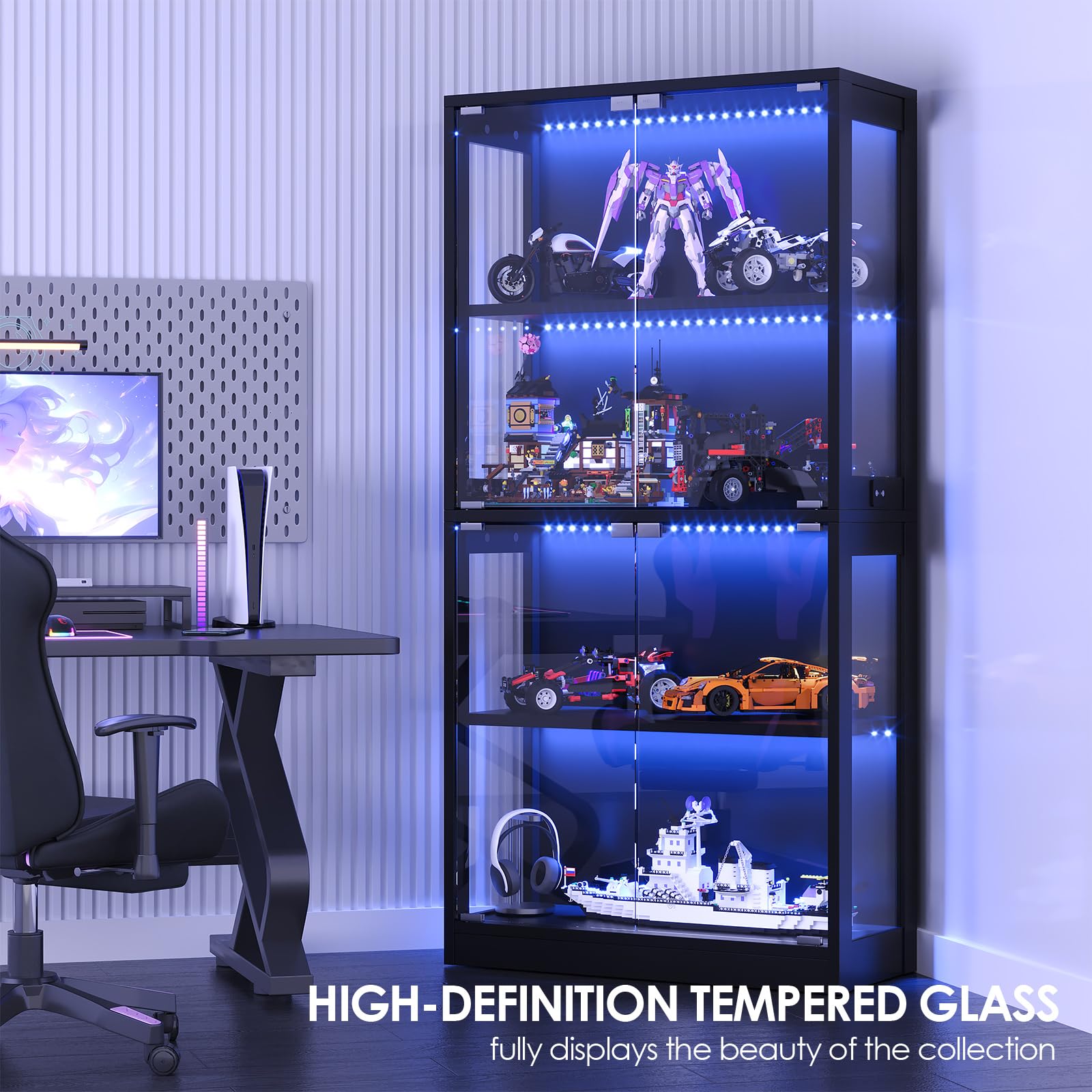 Valentine's Day gifts Display Cabinet with Glass Doors 4-Tier, 7 Vibrant Colors 3 Dynamic Lighting Modes, HD Glass Storage Cabinet with Human Body Sensor for Curio, Trophy, Collectibles