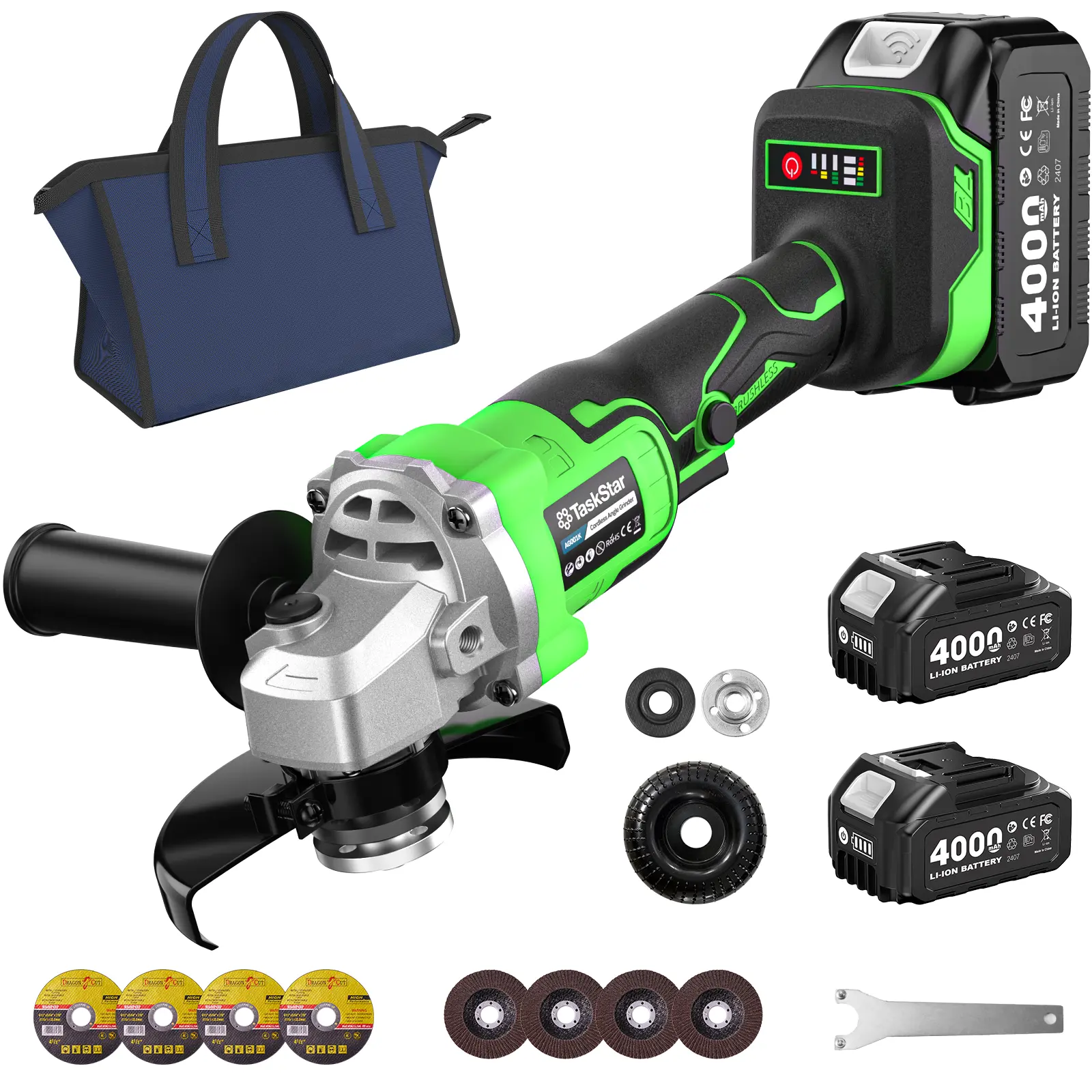 Taskstar Cordless Power Angle Grinder Kit – Brushless Motor Cutting Grinding Tool, 2x4.0Ah Batteries, 10000 RPM, Multi-Function Accessories for Precision Cutting & Grinding