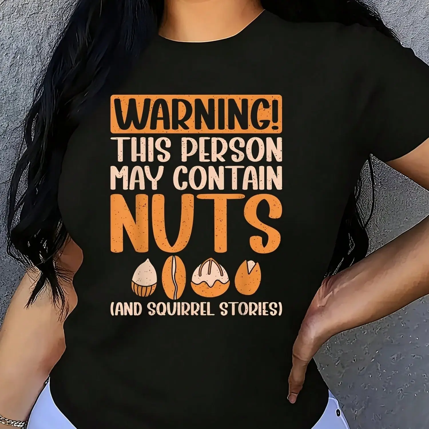 Women's Plus Size Short-Sleeve Crew Neck Graphic Print Tee - Soft Cotton, Lightweight, Retro Vibe, Funny "This Person May Contain Nuts Squirrel Stories" Oversized Casual Top
