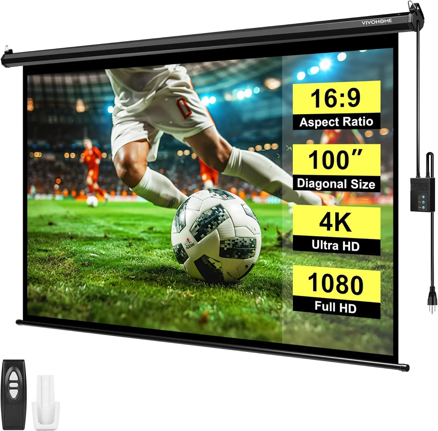 VIVOHOME Motorized Projector Screen with Remote, 16:9 100 Inch & 84 Inch Auto Electric Projection Screen, HD 4K Movie Screen for Home Theater, Cinema, Office