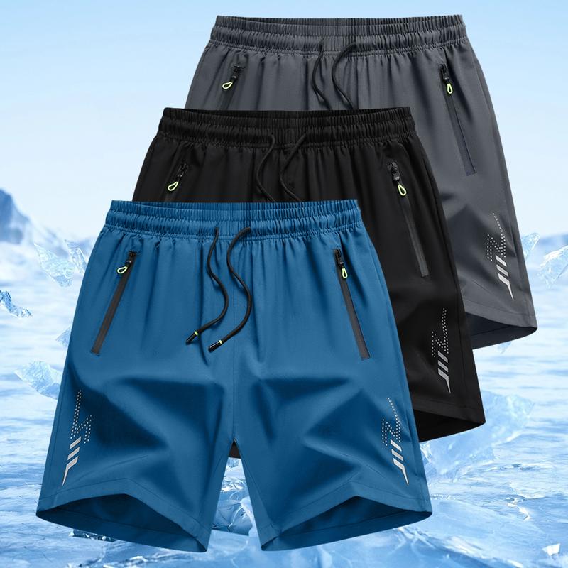 3pcs Men's Letter Print Zipper Pocket Shorts, Casual Breathable Athletic Quick Driving Straight Leg Travel Shorts, Mens Shorts, Workout Clothing Activewear, Men's Bottoms for All Seasons, Shorts for Men, Workout Gym Shorts solid color basic style Elastic