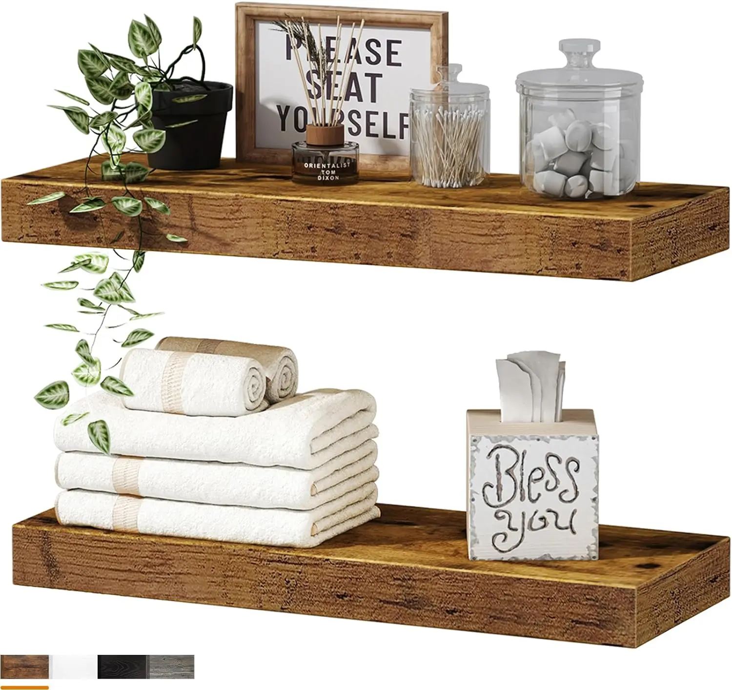 Bathroom Shelves Floating Shelves for Wall Shelf Over Toilet Small Wall Mounted 16 inch Set of 2, Rustic Brown (008-40BN) Decor, Wood, Space Saver