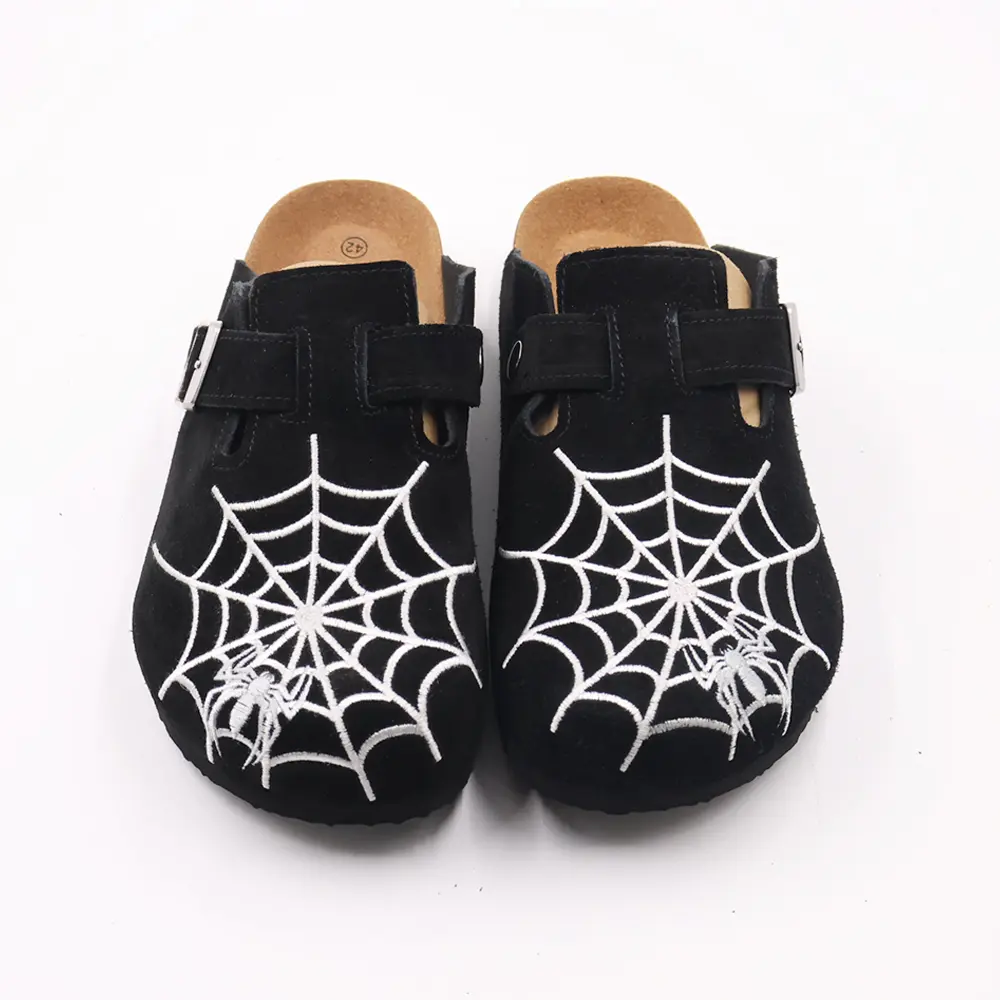 Gothic Men's Boston-Style Clogs with Spider & Web Embroidery, Comfort Cork Footbed, Adjustable Buckle Casual Slip-On Shoes