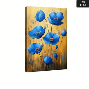 2D Flat, Blue Poppies on Golden  - Retro Minimalist  Painting with Wrap-Around Frame, HD Fade-Resistant Children's Room Decor for, Bedroom, - Blue & Golden Poppy   for or Classroom Decoration,, 2D Flat	