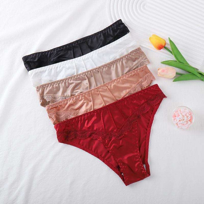 5 Pcs Women Underpants Low-waist Advanced Light Seamless Floral Lace Trim Silky Stretchable Panties Women Honeymoon Wedding Night Thong Womenswear Comfort Mother's Day Gifts