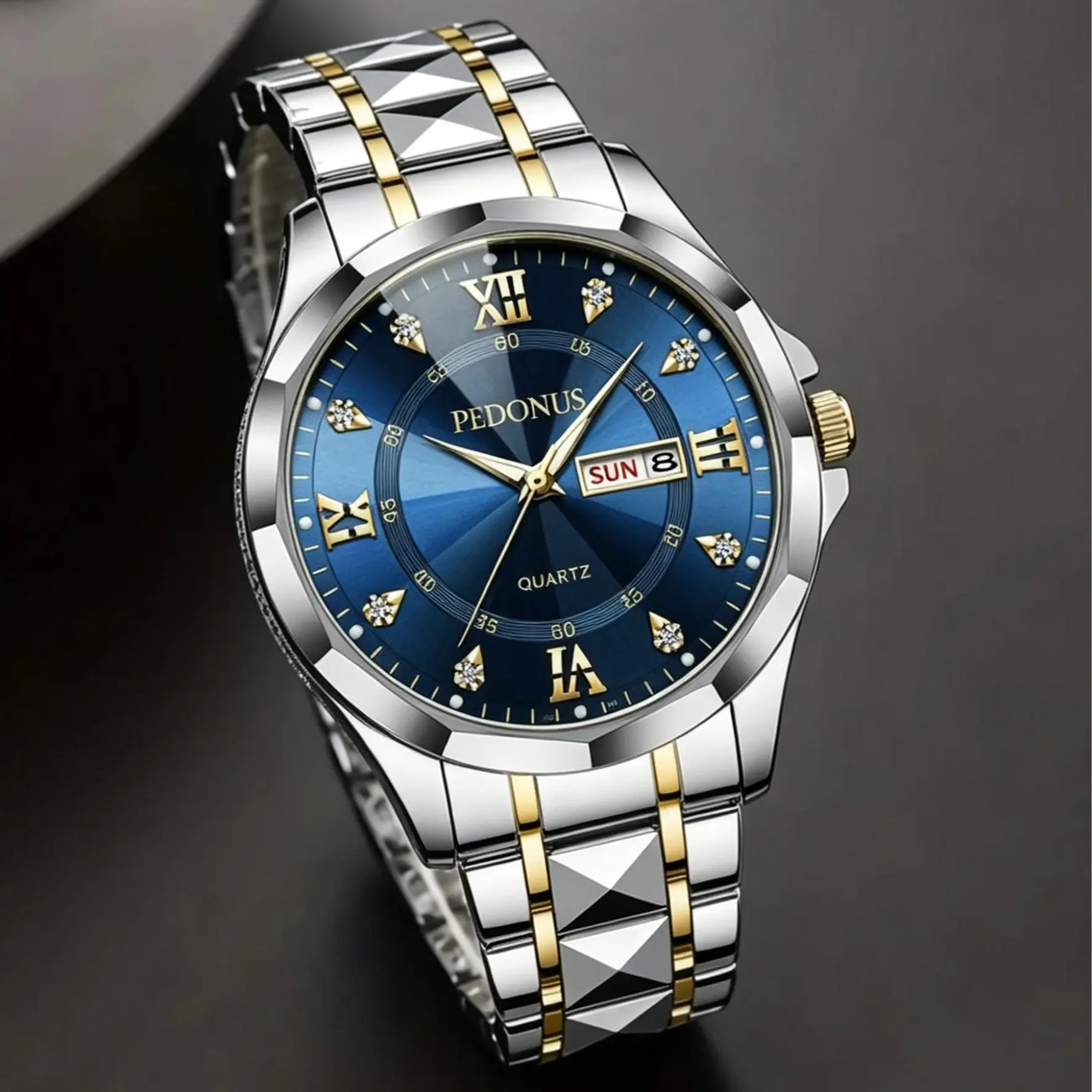 Men's Luminous Classic Analog Quartz Watch - Stainless Steel Band, Gold Accents, Blue Dial with Date & Day Indicator, Business Fashion Elegant Men's Accessory, Round Quartz Watch, Analog Quartz Watches