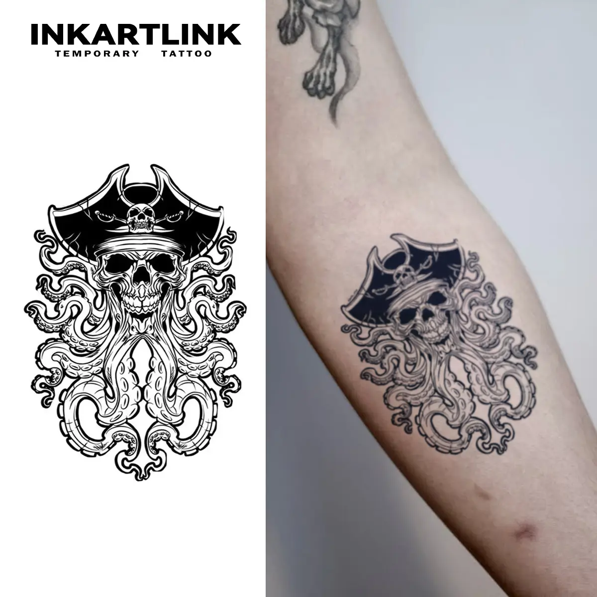 INKARTLINK Gothic Pirate Skull Temporary Tattoos - 2-Sheet Waterproof Dark Body Art with Realistic Octopus Tentacles, Fake Stickers for Men, Suitable for All Skin Types