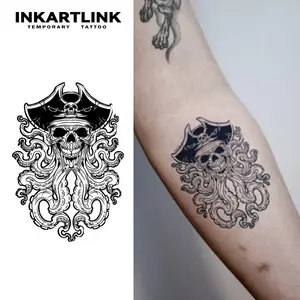 INKARTLINK [2 Sheets] Gothic Pirate Skull Temporary Tattoos, Realistic Octopus Tentacles Fake Tattoo Stickers, Waterproof Dark Body Art for Men