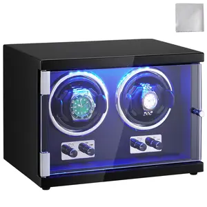 VEVOR Watch Winder,  , Dual Watch Winder for Men's and Women's Automatic Watch, with 2 Super Quiet Japanese Mabuchi Motors, Blue LED Light and Adapter, High-Density Board Shell and Black PU
