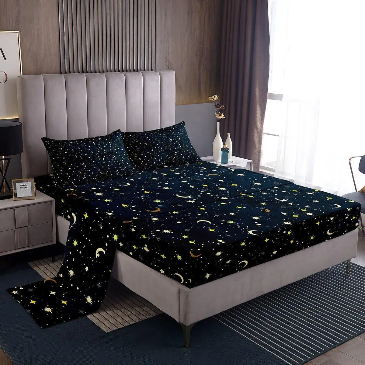 Feelyou Starry Galaxy Bedding Set - Navy Blue Outer Space Themed, Gold Moon Stars Design, Breathable Soft, Deep Pockets, Includes Fitted Sheet, Flat Sheet, Pillowcases