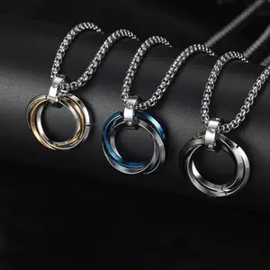 3PCS Men's Three-Ring Pendant Necklace - Hip-hop Jewelry, Trendy Accessories Suitable for Daily and Party Wear, Men's Jewelry, Urban Street Wind Titanium Steel Chain, Christmas and Birthday Gifts Are Preferred