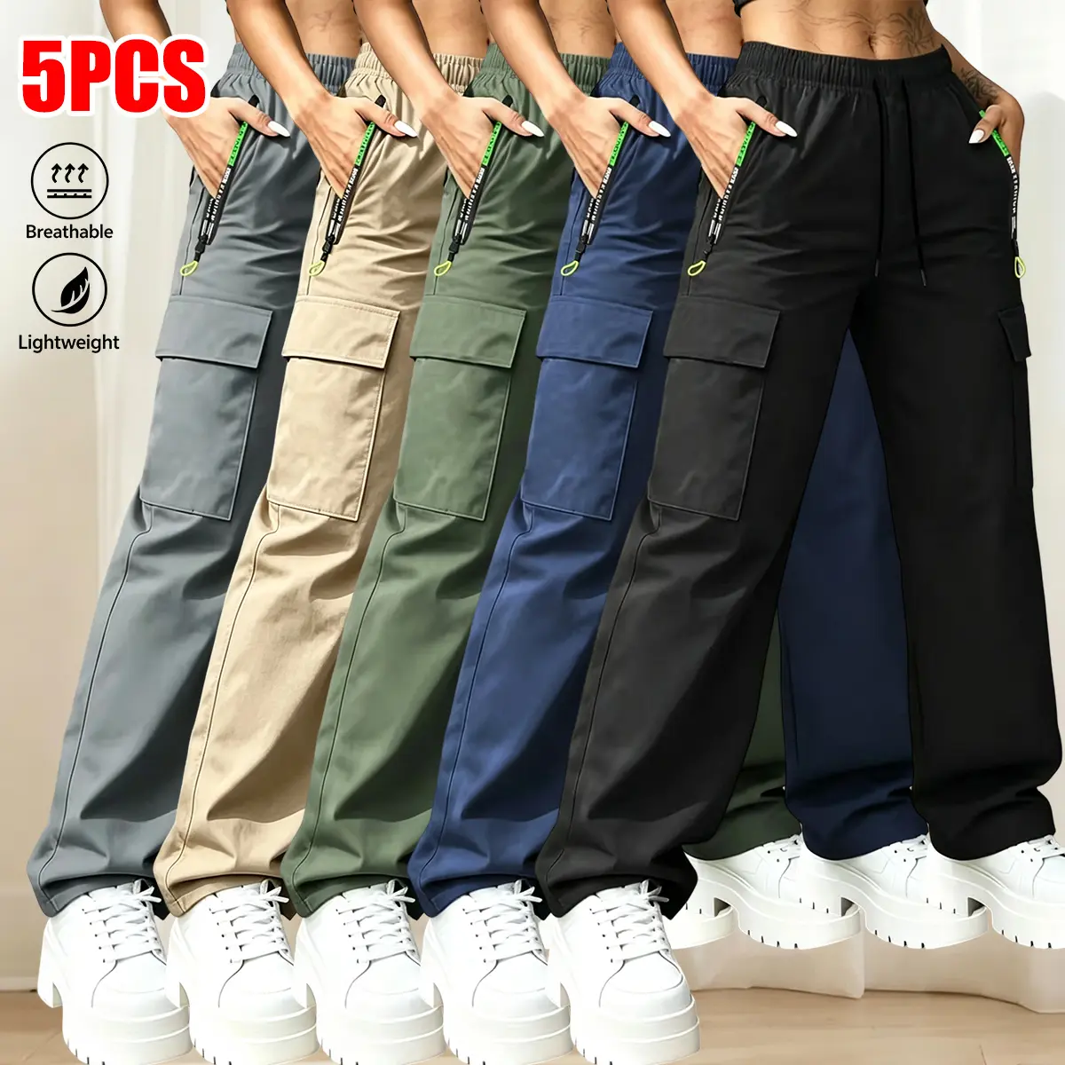 5-pack women’s cargo pants with multiple pockets—thin, straight-leg casual long pants for spring, summer, and autumn, featuring a drawstring and stylish pocket pull tabs; suitable for outdoor sports and everyday outings. Women’s cargo pants.