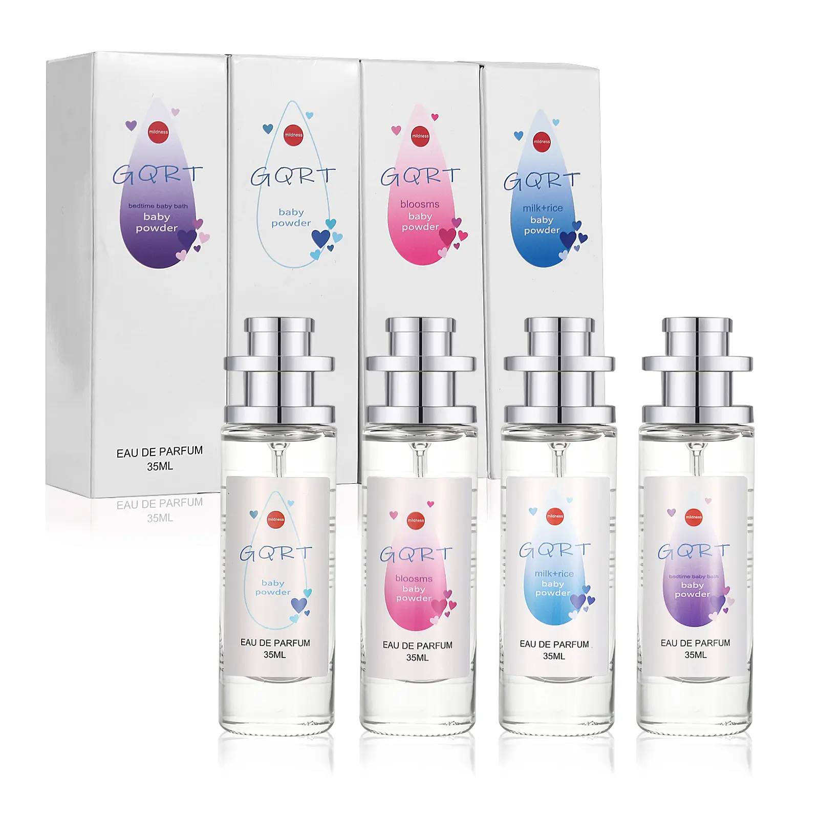 GQRT Baby powder perfume - Single Bottle & 4-Piece Gift Set - Long Lasting Clean Girl Fragrance Bundle - Mini Floral Vanilla Travel Size Scents for Women - Perfect Birthday Present