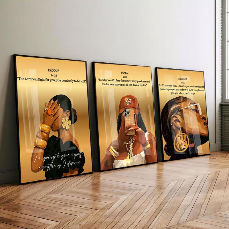 A set of three black Christian girl wall hangings, scripture prints, Bible verse wall hangings, girl's room decorations, Christian wall hangings, canvas-covered frames.