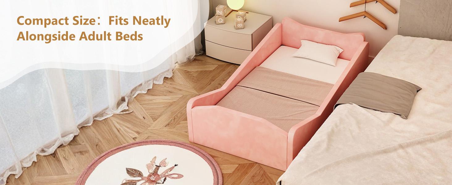 JOYMOR Toddler Bed, Floor Bed with Safety Guadrail, Montessori Toddler Bed with Animal Ear Shapes, Soft Velvet Wood Bed for Infant, Kids, Mattress not Included