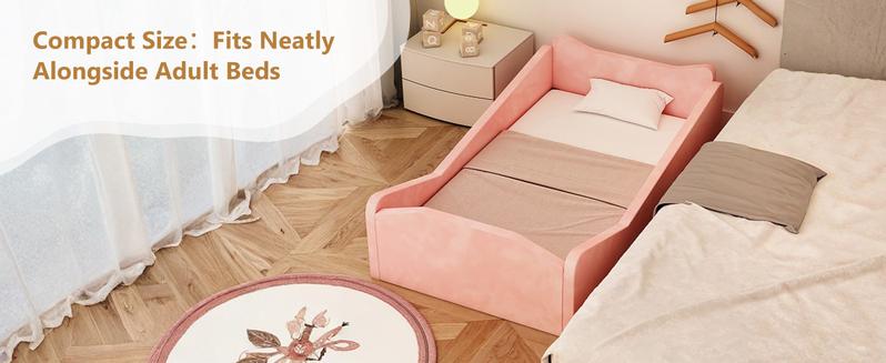 JOYMOR Toddler Bed, Floor Bed with Safety Guadrail, Montessori Toddler Bed with Animal Ear Shapes, Soft Velvet Wood Bed for Infant, Kids, Mattress not Included