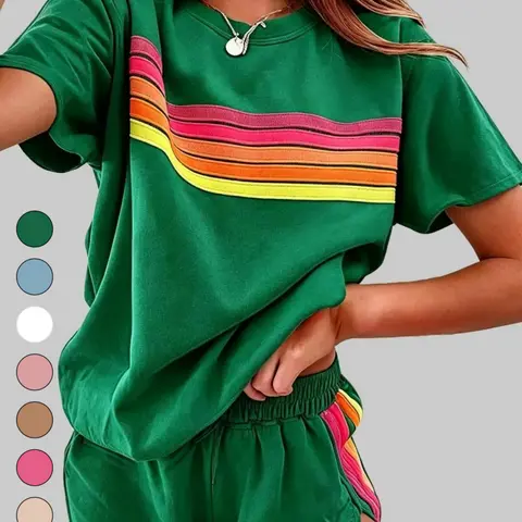 Women's Minimalist Retro Rainbow Stripe 2-Piece Lounge Set - Short Sleeve Viscose Blend Tee, Pocketed Shorts for Everyday Wear, Women's Matching Sets, Clothes, 2 Piece Sets