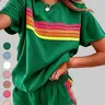 Women's Minimalist Retro Rainbow Stripe 2-Piece Lounge Set - Short Sleeve Viscose Blend Tee, Pocketed Shorts for Everyday Wear, Women's Matching Sets, Clothes, 2 Piece Sets