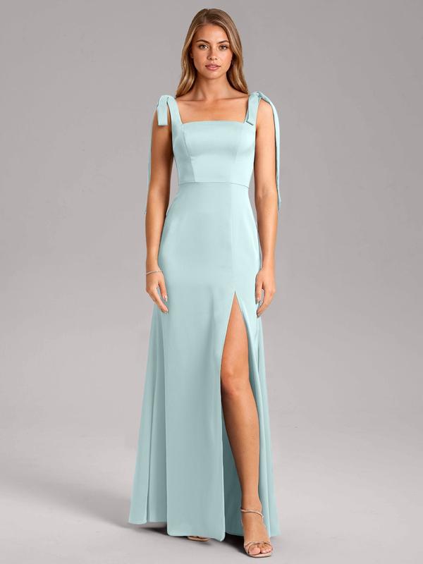Azazie Frostine A-Line Square-Neck Statement-Bow Leg-Slit Wedding Guest Evening Satin Dress