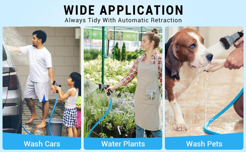 【GARVEE】Retractable Garden Hose Reel available in 65ft, 78ft, and 100ft lengths with 1/2 inch heavy-duty water hose, 9-function sprayer nozzle, slow return system, ideal for courtyards and gardens.