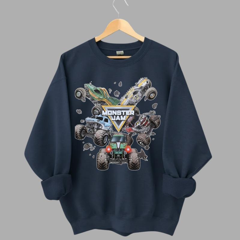 Monster Jam Graphic Sweatshirt, Monster Truck Apparel, Casual Daily Wear Sweater, Unisex Cotton, Trendy Outfits, Classic Short Sleeve, Streetwear