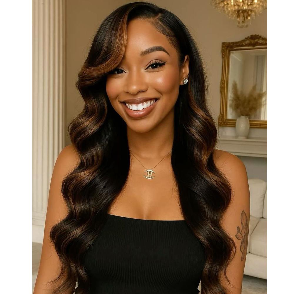 KEPHARE Wear and Go Glueless Wigs 100% Human Hair Body Wave With Honey Blonde Highlights 5x5 HD Lace Pre Plucked Pre Cut Lace Closure Wigs for Black Women 180% Density Natural Black With Skunk Stripe KEPHARE HAIR