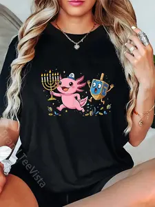 100% Cotton Funny Axolotl Dreidel Menorah Hanukkah Kids Womens Mens T-Shirt