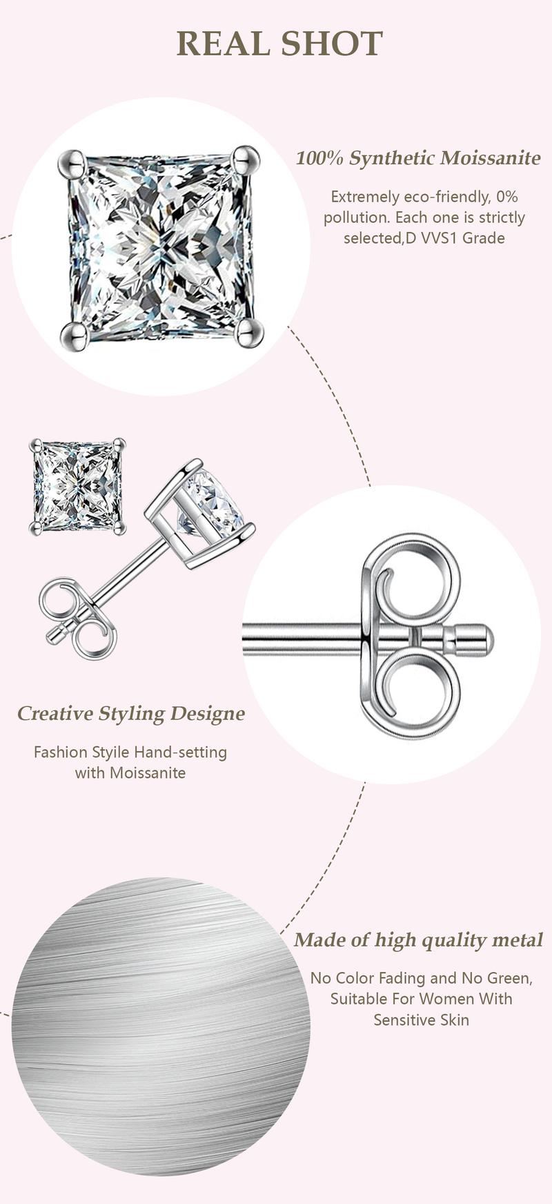 Delzzad S925 Princess Cut Synthetic Moissanite Fashionable Shiny Stud Earrings Birthday Wedding Anniversary Perfect Gifts for Women Girls Women Sturdy Minimalist Accessories