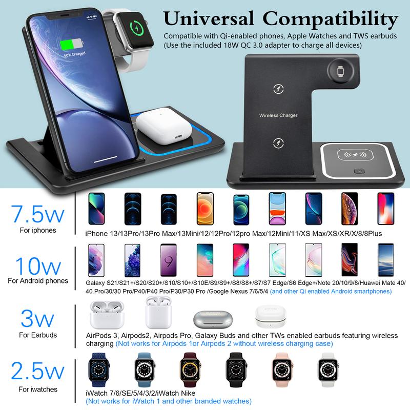 Wireless Charger, 3 in 1 Wireless Charging Station, Fast Wireless Charger Stand for iPhone 18 17 16 15 14 13 12 11 Pro Max XR XS, Apple Watch 8 7 6 5 4 3 2 SE, AirPods Pro 3 2 with QC3.0 Adapter Included