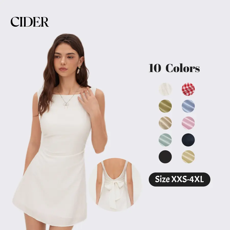 Cider Linen-Blend Boat Neck Knotted Backless Mini Dress – Women's Chic Elegant Summer Vacation Sundress, Solid White A-Line Fit Flare Party Cocktail Dress Casual Basic Womenswear SohoChic