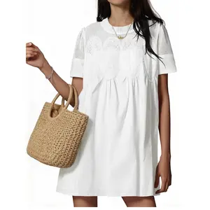 Wenrine Women's Lace Mini Dress Summer Short Sleeve Crewneck Sheer Mesh Casual Loose Ruffle Babydoll Dresses